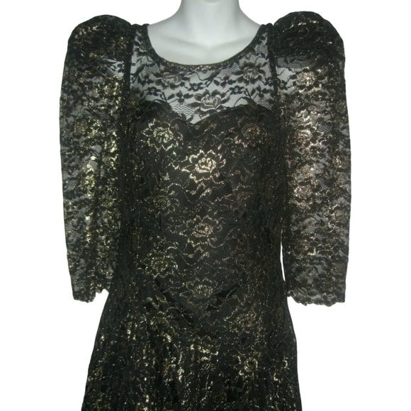 Vintage 80s Nem's Dress Gothic Black & Gold Metallic Lace Wedding Goth ALT egirl - Picture 8 of 12